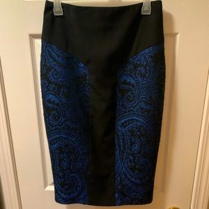 Ted Baker “Carron” Blue & Black Jacquard Pencil Skirt